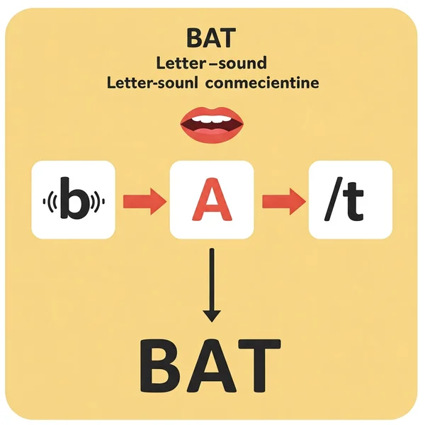Illustration of letter-sound connection in decoding skills.