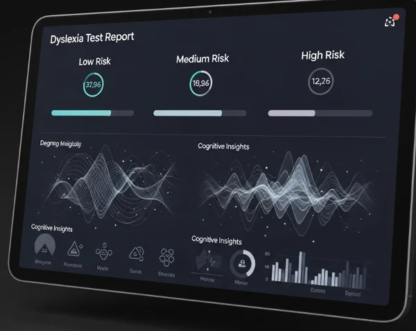 Dyslexia test report showing low, medium, and high risk scores.