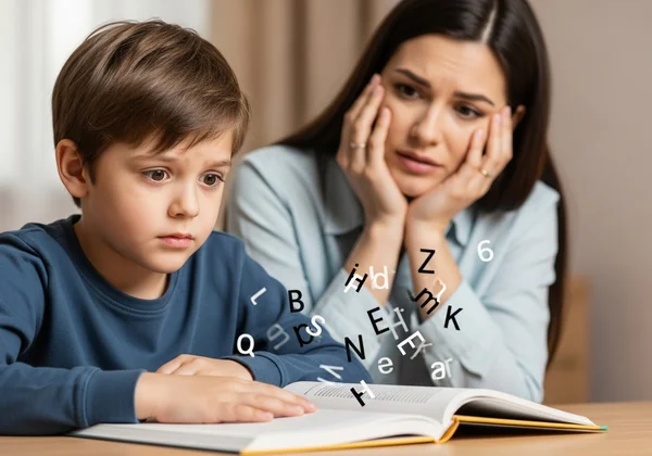 Child looking confused at letters, parent observing.