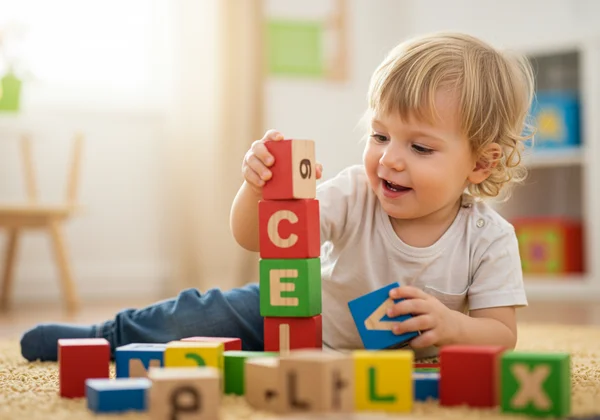 Child playing with alphabet blocks, symbolizing early learning.
