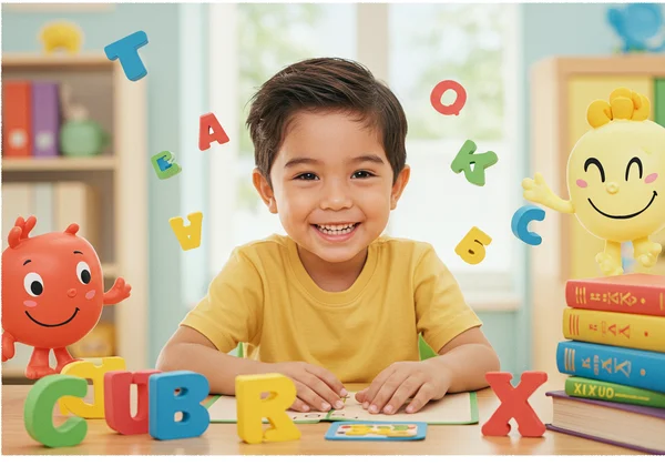 Child enjoying a fun reading game, learning playfully