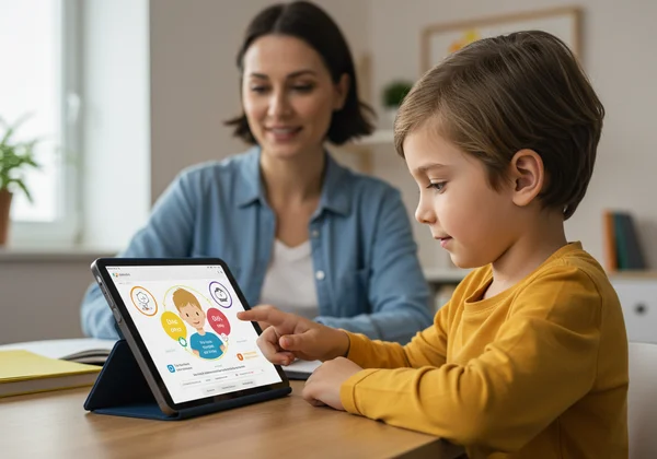 Child taking an online dyslexia screening test on a tablet.