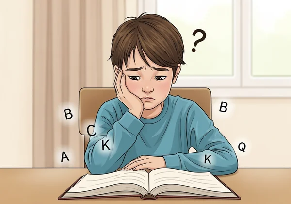 Child struggling to read a book, showing confusion.