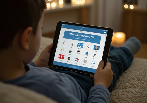 Child taking an online dyslexia screening test on a tablet.