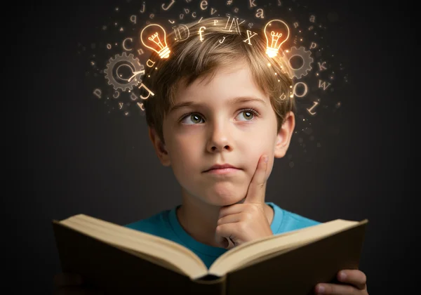 Bright child with dyslexia struggling with a book