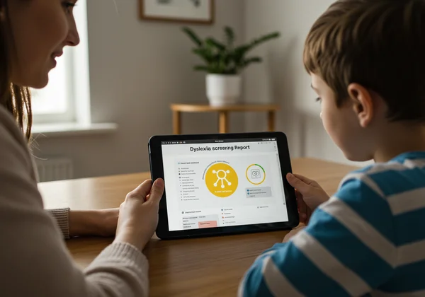 Parent and child reviewing an online dyslexia screening report
