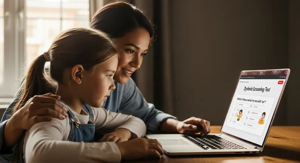 온라인 난독증 검사를 진행하는 부모와 아이