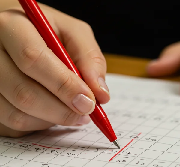 Teacher analyzing student's written work for dyslexia signs.
