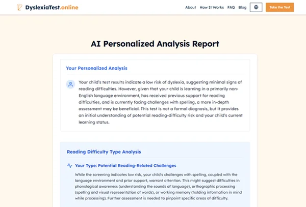 Overview of personalized AI dyslexia report features.