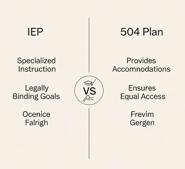 Infográfico comparando IEP e Plano 504 para dislexia.