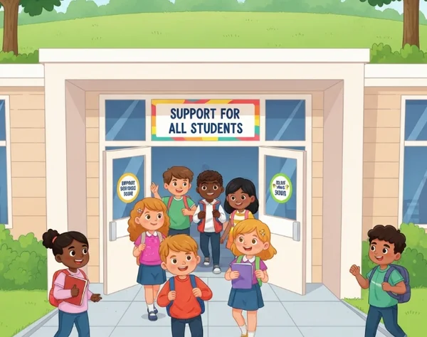 Prédio escolar com placa "Apoio a Todos os Alunos".