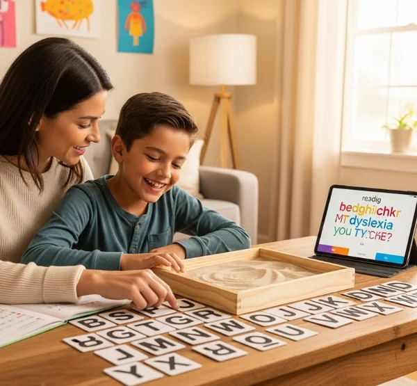 Child learning to read with multi-sensory tools at home.