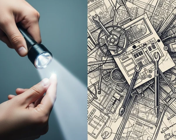 Screening (flashlight) vs formal diagnosis (detailed assessment).