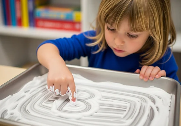 Child tracing letters in sand for spelling practice.