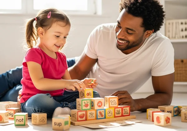 Child and parent playing a rhyming game happily.