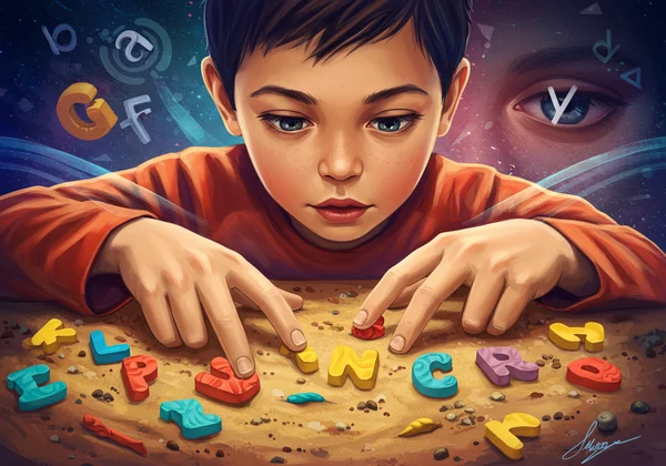 Enfant apprenant avec des techniques multisensorielles pour la dyslexie