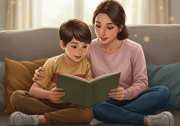 Parent et enfant lisant un livre ensemble avec joie