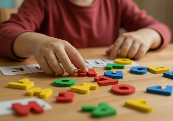 Enfant participant à une activité de phonétique avec des lettres sur une table