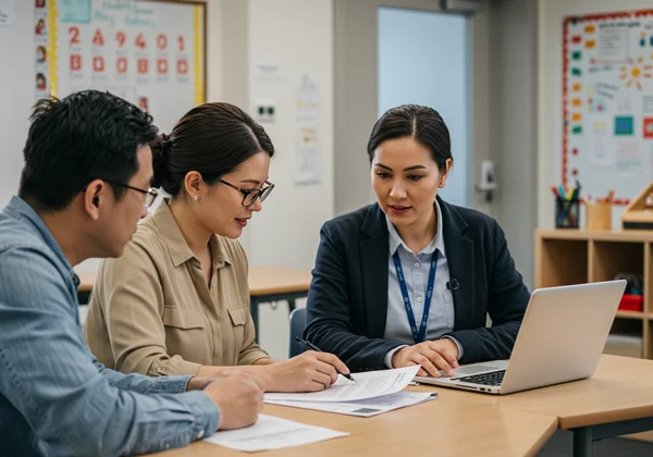 Phụ huynh và giáo viên hợp tác cho việc giáo dục của học sinh.