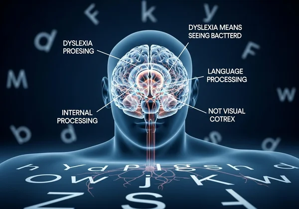 Brain graphic shows language processing, not vision issues.
