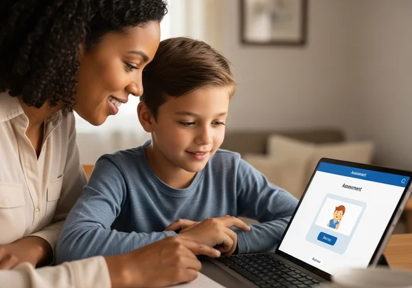 Parent and child taking an online dyslexia screening test.