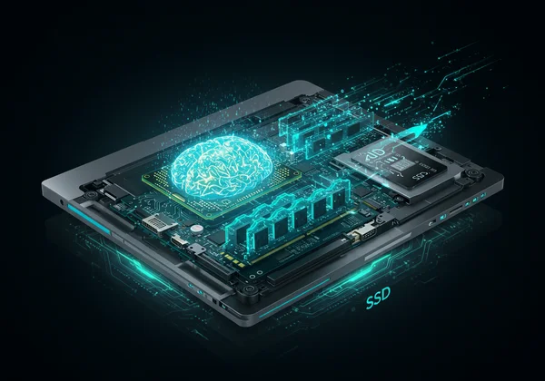 Abstract representation of laptop CPU, RAM, and SSD