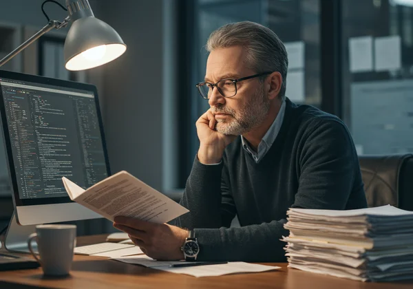 An adult at a desk looking stressed by paperwork.