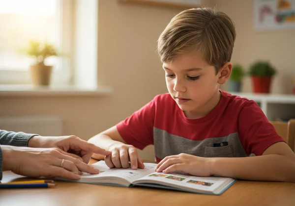 A child getting help with reading from a patient adult.