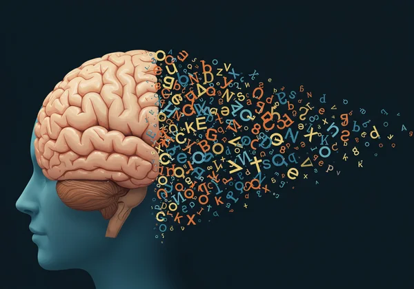 Abstract art of a brain with jumbled letters flowing out.