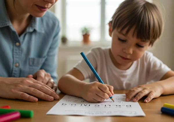 Parent watches child writing, noticing reversed letters.