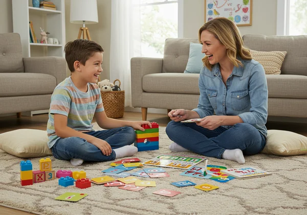Child and parent playing an educational reading game at home.