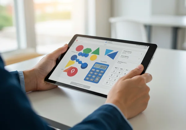 Tablet showing a math app with virtual manipulatives and calculator