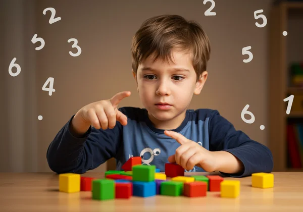 Young child struggling with counting blocks, looking confused