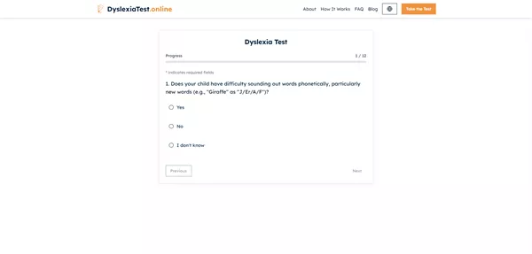 Screenshot of a user-friendly online dyslexia test interface.